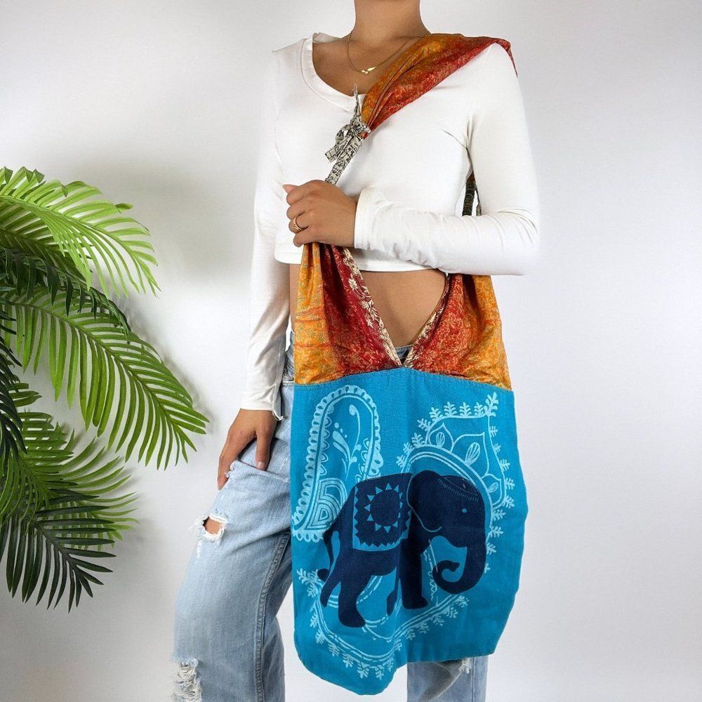 Vintage Y2K Blue Silk Fairycore Bohemian Hobo Shoulder Tote Bag Hippie Purse